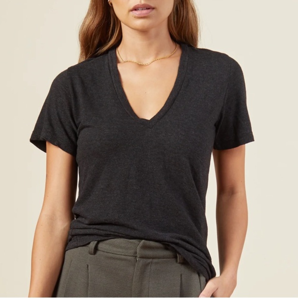 Set of 2!! Monrow Textured Tri-Blend Fitted V Neck Tees- both in heathered black
